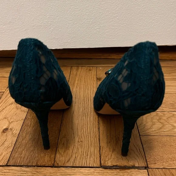 Elegant Teal Lace Heels with Gem Embellishments - Picture 7 of 7